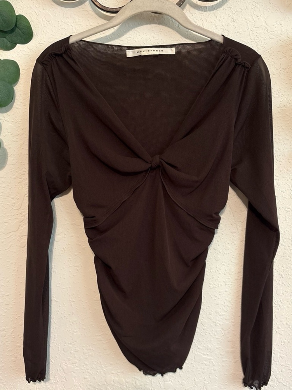 Y2K Brown Ballet-Core Sheer Ruched Knot-Front Top✨